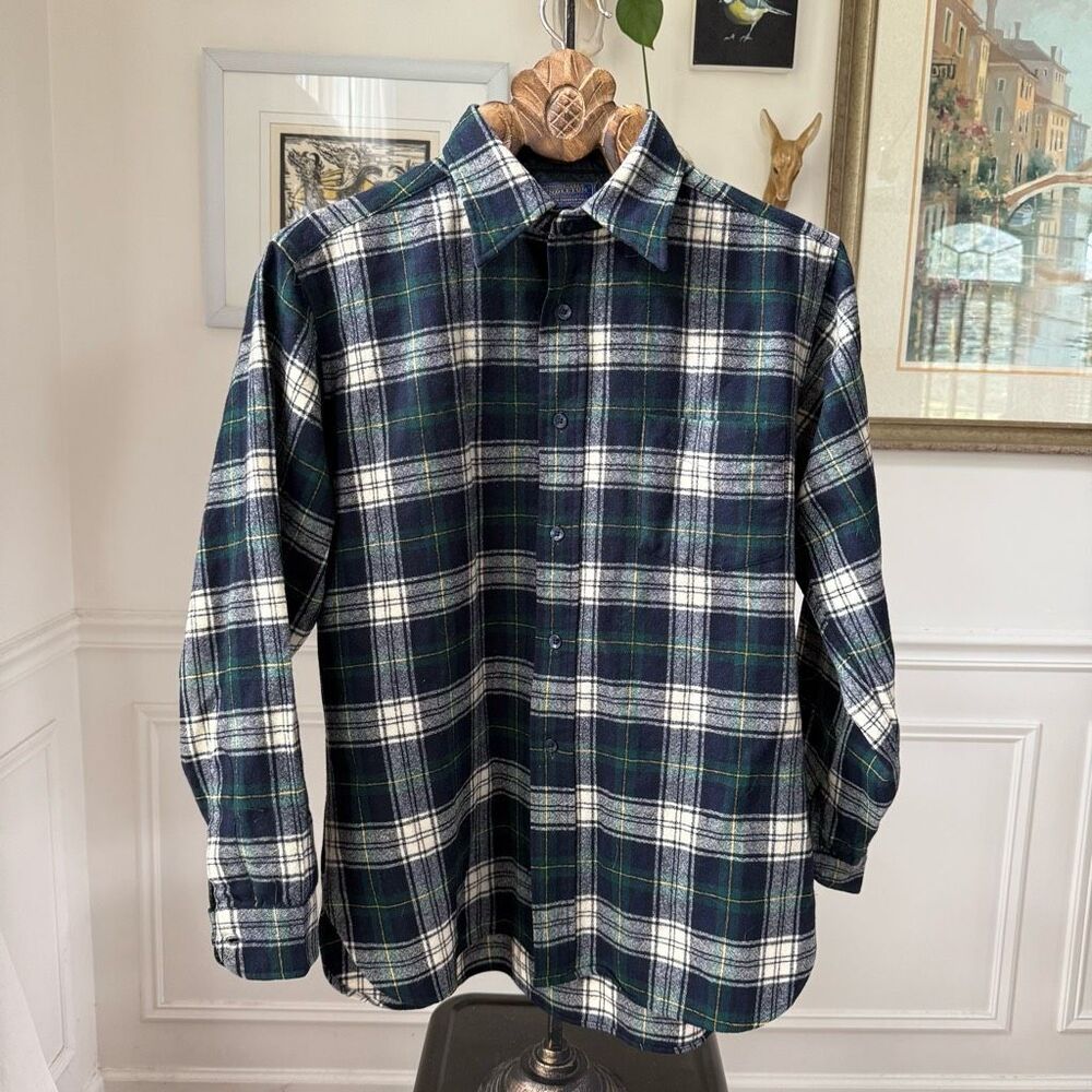 Vintage 60s 70s Pendleton 100% Virgin Wool Tartan Plaid Shirt Blue Green L